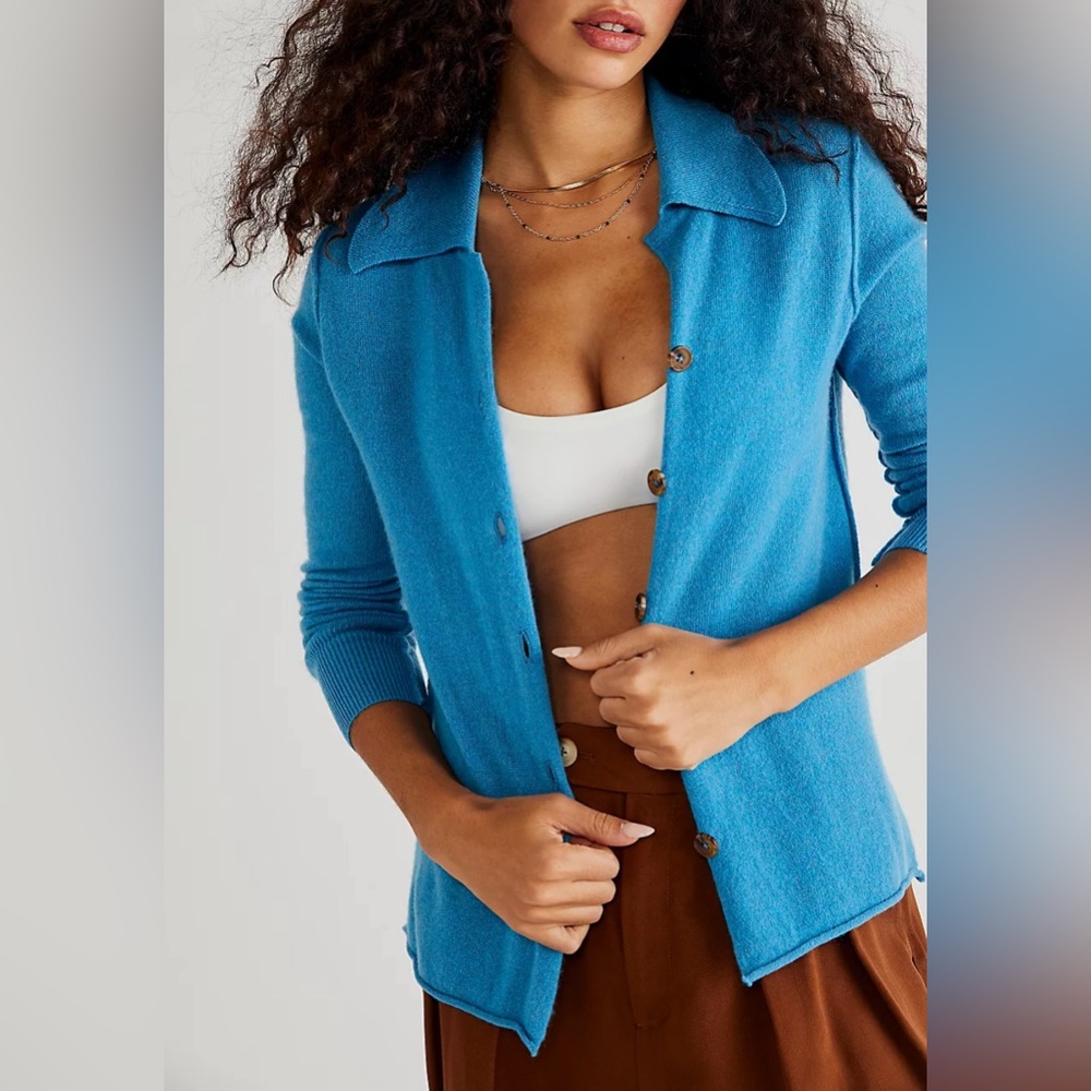 Free people Paloma Cashmere Cardigan 100% Cashmere women’s size Size blue NWOT - Picture 7 of 7